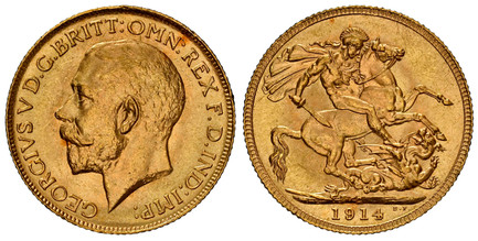 1084371 CANADA. George V. (King, 1910-1936). 1914-C AV Sovereign. NGC MS65.  Royal Canadian Mint, Ottawa. St. George slaying dragon, mint mark below horse's rear hooves. KM 20; SCBC-3997; Fr-2; Hill 223.

Currently the finest known at NGC as of Oc...