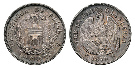 1085927 CHILE. 1870-So AR 50 Centavos. NGC MS64.  Santiago Mint. Smaller wreath / Condor with wings spread and shield. KM 139.

Please use this link to verify the NGC certification number <a href="https://www.ngccoin.com/certlookup/8362351-010/64/...