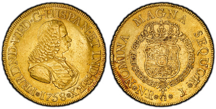 1086286 COLOMBIA. Ferdinand VI. (King, 1746-1759). 1758-NR J AV 8 Escudos. PCGS AU55.  Bogota. FERDND · VI · D · G ·  HISPAN · ET IND · REX. Bust right / NOMINA MAGNA SEQUOR. Crowned shield of arms within Order chain; legend around. KM 32.1; Fr.-1...