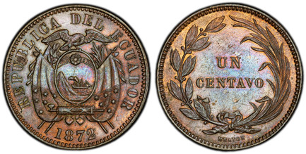 1085649 ECUADOR. 1872-HEATON CU Centavo, Un. PCGS MS63BN (Brown).  Heaton, Birmingham. Flag-draped arms / Denomination within laurels. KM 45.

Please use this link to verify the PCGS certification number <a href="http://www.pcgs.com/cert/56266697/...