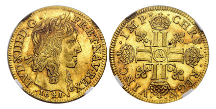 1085394 FRANCE. Louis XIII. 1641-A AV Louis d'Or. NGC AU55.  Paris. Laureate head with long curl / · CHRS ·  · REGN ·  · VINC ·  · IMP ·. Crowned double LL in cruciform; a lis in each angle and mint mark within circle in middle. KM 104; Fr.-410; G...