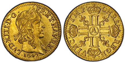 1086457 FRANCE. Louis XIII. 1642-A AV 1/2 Louis d'Or. PCGS MS61.  Paris. Loius XIII. / · CHRS · REGN ·  · VINC ·  · IMP ·. KM 101; Gad.-57 CHRS+ .

Please use this link to verify the PCGS certification number <a href="http://www.pcgs.com/cert/5755...