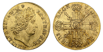 1080867 FRANCE. Louis XIV. (King, 1643-1715). 1702(9)-"9" AV Louis d'Or. NGC MS61.  Rennes. 6.69gm. LVD · XIIII · D · G  FR · ET · NAV ·  REX ·. Laureate head right / CHRS · REGN · VINC · IMP. Crowned back to back L's, Hand of Justice and sceptre ...