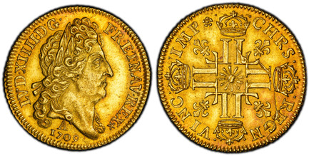 1084790 FRANCE. Louis XIV. (King, 1643-1715). 1709-A AV Louis d'Or. PCGS AU58.  Paris. 8.15gm. LVD · XIIII · D · G · FR · ET · NAV · REX. Laureate head right / CHRS · REGN · VINC · IMP. Crowned back to back L's with flower in center square, fleur-...
