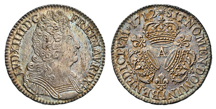 1085928 FRANCE. Louis XIV. 1712-A AR 1/2 Ecu, 36 Sols = 6 Deniers. NGC MS63.  Paris. LVD · XIIII · D · G · FR · ET · NAV · REX ·. Mailed bust right / BENEDICTUM SIT NOMEN DOMINI. 3 Crowns, fleur-de-lis in angles. KM 382.1; Gad.-199.

Currently the...