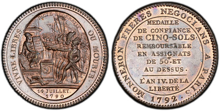 1085652 FRANCE. Constitution. (1791-1792). 1792, An 4 AE 5 Sols. PCGS MS63RB (Red-Brown).  31.09gm. VIVRE LIBRES OU MOURIR. Allegiance scene / ...NAGOCIANS A PARIS ·. LAN IV is date in inner circle. KM Tn31; Mazard 145; V.G. 292; G.& E. 1.5.

Plea...