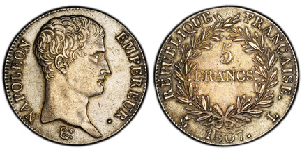 1086383 FRANCE. 1807-L AR 5 Francs. PCGS XF45.  Bayonne. 24.94gm. NAPOLEON EMPEREUR. Head right / REPUBLIQUE FRANCAISE. Denomination within wreath. KM 673.8; Gad.-581.

Conservatively graded; exceptional portrait detail for the grade assigned.

Pl...