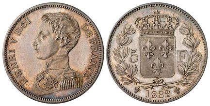 1085408 FRANCE. Henri V. 1832 AR Essai 5 Francs. NGC MS64.  Edge: Lettered. 24.04gm. HENRI V ROI - DE FRANCE. Uniformed bust, left, signed G.C. / 5 - F // (lis) 1832 (lis). Crowned shield divides denomination to either side, all within wreath. KM ...