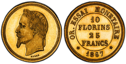 1083696 FRANCE. Napoleon III. (Emperor, 1842-1870). 1867 AV Essai 25 Francs (10 Florins). PCGS SP64.  By Barre. Paris mint. 8.11gm. Laureate head left / Denomination. Mazard 1746 (R4); Guilloteau 3702.

Very rare. This pattern by Barre was struck ...