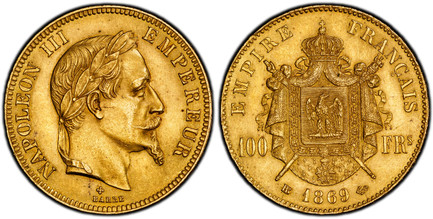 1085885 FRANCE. Napoleon III. (Emperor, 1842-1870). 1869-BB AV 100 Francs. PCGS MS63.  Strasbourg. Edge: DIEU PROTEGE LA FRANCE. 32.25gm. NAPOLEON III EMPEREUR. Laureate head right / EMPIRE FRANCAIS. Crowned and mantled arms divide denomination. K...
