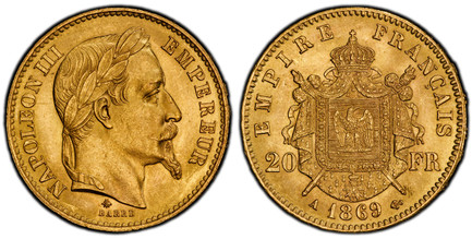 1086049 FRANCE. Napoleon III. (Emperor, 1842-1870). 1869-A AV 20 Francs. PCGS MS65.  Paris. NAPOLEON III EMPEREUR. Laureate head right / EMPIRE FRANCAIS. Crowned and mantled arms divide denomination. KM 801.1; Gad.-1062; F.-532.

Please use this l...