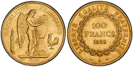 1086051 FRANCE. 1885-A AV 100 Francs. PCGS MS64.  Paris. Edge: DIEU PROTEGE LA FRANCE. Standing Genius writing the Constitution, rooster on right, fasces on left / Denomination above date within circular wreath. KM 832; Gad.-1137; F-552.

2894 pie...