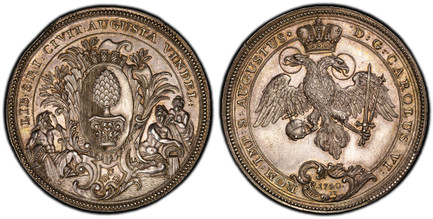 1085078 GERMAN STATES. Augsburg. 1740 IT AR 2 Thaler. PCGS MS64.  By Jonas Thiébaud. 58.51gm. LIB: S: R: I: CIVIT: AUGUSTA VINDEL:. Crowned arms in branches with river gods at sides / D: G: CAROLUS VI: - ROM: IMP: S: AUGUSTUS ·. Titles of Karl VI....