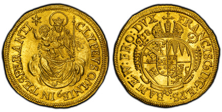1085673 GERMAN STATES. Bamberg. Franz von Hatzfeld. (Prince-Bishop of Würzburg, 1631-1642 and Prince-Bishop of Bamberg, 1633-1642). 1638 Johann Christoph Lauer (mintmaster) AV Ducat. PCGS MS64.  Nürnberg mint. 3.40gm. FRANCISC9 D G EPS BAM E W FR ...
