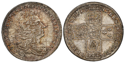 1085387 GERMAN STATES. Brunswick-Luneburg-Calenberg-Hannover. George Ludwig. 1715 HCB AR 2/3 Thaler, Gulden. NGC MS65.  GEORGIVS · D · G · MAG · BRIT · FR · & HIB · REX · F · D ·. Head right / Crowned shield in cruciform, value at center. KM 100; ...