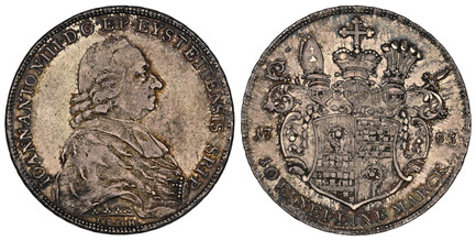 1085975 GERMAN STATES. Eichstatt. Johann Anton III. 1783 IOS SCH AR Thaler. NGC AU58.  IOANN · ANTON III · D · G · EP · EYSTETTENSIS S · R · I · P ·. Bust right / 10 EINE FEINE MARCK. Helmeted ornate arms. KM 92; Dav.-2211; Cahn 146.

Please use t...