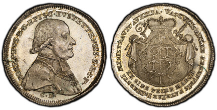 1085493 GERMAN STATES. Eichstatt. Joseph von Stubenberg. (Prince-Bishop, 1790-1802). 1796 CD AR 1/2 Thaler. PCGS MS63.  Munich. 14.02gm. Bust right / Date in chronogram. KM 96; Cahn 150.

Please use this link to verify the PCGS certification numbe...