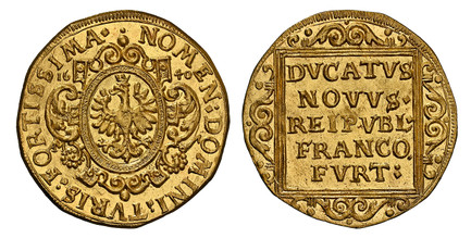 1085669 GERMAN STATES. Frankfurt Am Main. 1640 AM (a) AV Ducat. NGC MS67.  3.44gm. Eagle in oval shield / Inscription within square. KM 85; Fr.-972; Joseph/Fellner 433e.
Ex The Traveller Collection (not noted on insert). 

Please use this link to ...