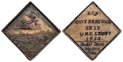 1085388 GERMAN STATES. Hamburg. 1712-Dated AR Klippe. NGC MS63.  26mm x 26mm. Angel of death with a flaming sword flies to the right above a cloud; below lies a field of corpses, with a city view in the background / ACH:/ GOTT BESSERE/ ZEIT/ UND L...