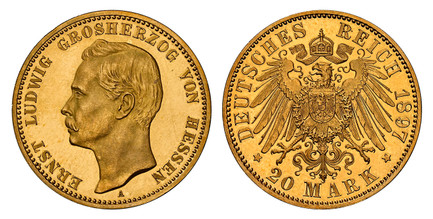 1085738 GERMAN STATES. Hesse-Darmstadt. Ernst Ludwig. 1897-A AV 20 Mark. NGC PR67 Cameo.  Berlin. Edge: GOTT MIT UNS. ERNST LUDWIG GROSHERZOG VON HESSEN. Head left / DEUTSCHES REICH (date), 20 MARK below. Crowned imperial eagle, shield on breast. ...