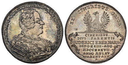 1085389 GERMAN STATES. Hohenlohe-Kirchberg. Friedrich Eberhard. MDCCXXXVII (1737) W-N AR Thaler. NGC MS64+.  By Peter Paul Werner. Nürnberg. 29.12gm. CAROL · AUG · COM · HOHENLOH · & GLEICH · DYN · LB: & CR ·. Armored bust right / EX CINERIBUS ORI...