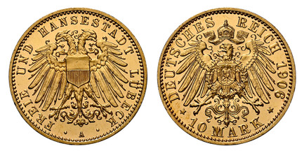 1085094 GERMAN STATES. Lubeck. 1906-A AV 10 Mark. NGC PR64 Ultra Cameo.  Berlin. Edge: ~ * ~. Double imperial eagle with divided shield on breast / Crowned imperial eagle, shield on breast. KM 214; Jaeger 228.

Please use this link to verify the N...