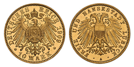 1085361 GERMAN STATES. Lubeck. 1909-A AV 10 Mark. NGC PR65 Cameo.  Berlin. Edge: ~ * ~. Double imperial eagle with divided shield on breast / Crowned imperial eagle, shield on breast. KM 214. Proof; Jaeger 228.

Please use this link to verify the ...