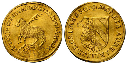 1079932 GERMAN STATES. Nürnberg. MDCXXXII (1632) AV 2 Ducats. NGC AU Details Bent.  6.84gm. Paschal lamb with palm branch standing to left on gridded globe; date in chronogram / Divided shield of arms. Friedberg 1823; Kellner 48.

Slightly wavy pl...