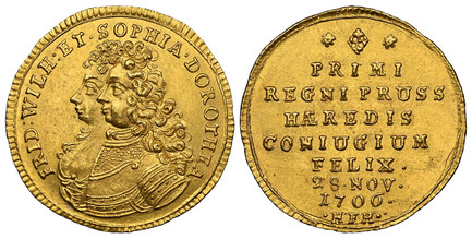 1085386 GERMAN STATES. Prussia. Friedrich I. (King, 1688-1713). 1706 HFH (Heinrich Friedrich Halter, mintmaster) AV Ducat. NGC MS65.  Magdeburg. 3.47gm. FRID · WILH · ET · SOPHIA · DOROTHEA. Conjoioned busts left / Inscription, date. KM 71; Fr.-23...