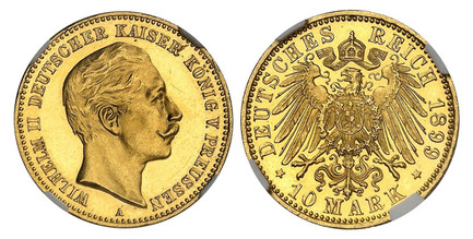 1085096 GERMAN STATES. Prussia. Wilhelm II. (Kaiser, 1888-1918). 1899-A AV 10 Mark. NGC PR64 Ultra Cameo.  Berlin. Edge: ~ * ~. WILHELM II DEUTSCHER KAISER KONIG V. PREUSSEN. Head right / DEUTSCHES REICH date, 10 MARK below. Crowned imperial eagle...