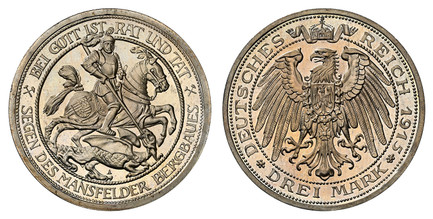 1085363 GERMAN STATES. Prussia. Wilhelm II. 1915-A AR 3 Mark. NGC PR68 Cameo.  Berlin. Edge: GOTT MIT UNS. St. George slaying the dragon / Crowned imperial eagle with shield on breast. KM 539. Proof; Jaeger 115.

Struck for the Centenary of the Ab...