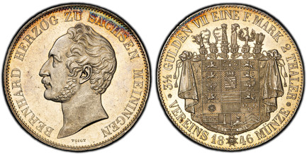 1085905 GERMAN STATES. Saxe-Meiningen. Bernhard II. 1846 AR 2 Thaler, 3-1/2 Gulden. PCGS MS63.  Munich. Edge: * CONVENTION * VOM * 30 IULY * 1838. 37.24gm. BERNHARD HERZOG ZU SACHSEN MEININGEN. Head left / 3 1/2 GULDEN VII EINE F. MARK 2 THALER * ...