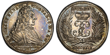 1086181 GERMAN STATES. Saxe-Saalfeld. Johann Ernst VIII. MDCCXXIX (1729) AR 1/2 Thaler. PCGS MS62.  Saalfeld. 35mm. 14.55gm. D. G. IOHANN. ERNEST. - VIII. D. SAX. I. C. M. A. & W.. NAT 22. AUG. 1658. D. 17. DEC./ 1729. ÆT. 71 AN. MENS. 3: / 15 DIE...