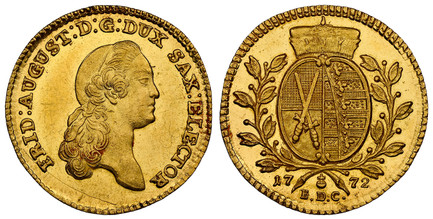 1082010 GERMAN STATES. Saxony-Albertine. Friedrich August III. 1772 EDC AV Ducat. NGC MS62PL (Prooflike).  FRID: AUGUST: D: G: DUX SAX: ELECTOR. Head right / Elector's cap above arms within branches, date divided below. KM 994; Fr.-2871.

Currentl...