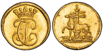 1082684 GERMAN STATES. Stolberg-Rossla. Jost Christian. (1704-1739) ND AV 1/4 Ducat. PCGS MS63.  0.87gm. Crowned entwined JC monogram / Stag standing with left front leg raised; "S" on base of column below. Fr.-3331; Friederich 1820.

Please use t...