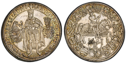 1085678 GERMAN STATES. Teutonic Order. Maximilian. 1603 AR Thaler, 32 Groschen. PCGS AU58.  Hall. 28.40gm. Master standing on ground, arms at left, helmet at right / Emperor on horseback in circle of shields, date below. KM 3; Dav.-5848; Moser & T...