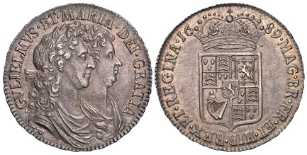 1086248 GREAT BRITAIN. England. William and Mary. (Monarchs, 1689-1694). 1689 AR Halfcrown. NGC AU55.  London. Edge: PRIMO. 34mm. First busts of William and Mary, conjoined and facing right / First crowned shield. KM 472.1; ESC-838 (Prev.-509); SC...