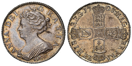1080629 GREAT BRITAIN. England. Anne. (Queen, 1702-1714). 1703 AR Shilling. NGC MS63.  ANNA · DEI · - GRATIA ·. Second bust (short ties), VIGO below / MAG - BR · FRA - ET · HIB - REG ·. Crowned shield in cruciform. KM 517.1; SCBC-3586; ESC-1388 (P...