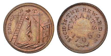 1086035 GREAT BRITAIN. Middlesex, Spence's. 1796 CU Farthing Token. NGC MS65BN (Brown).  Edge: Diagonal milled \\\\. END OF P (eye) T. Man hanging from gibbet / SUCH IS THE REWARD OF/ TYRANTS. Legend. D&H 1111.

Please use this link to verify the ...