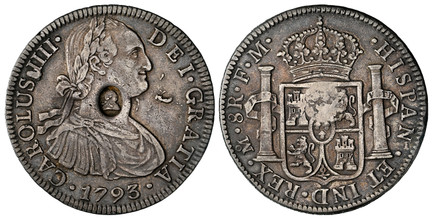 1086487 GREAT BRITAIN. George III. (King, 1760-1820). (1797-99) AR Dollar. NGC XF45 Countermark: AU Strong
.  Oval countermark with raised head of George III. CAROLUS • IIII • DEI • GRATIA. Laureate bust right / HISPAN • ET IND • REX •. Crowned ar...