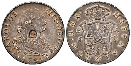 1086594 GREAT BRITAIN. George III. (King, 1760-1820). (1797-99) AR Dollar. NGC AU50 CM: AU Standard.  Oval countermark with head of George III. CAROLUS • IIII • DEI • GRATIA. Laureate bust right / HISPAN • ET IND • REX •. Crowned arms between pill...