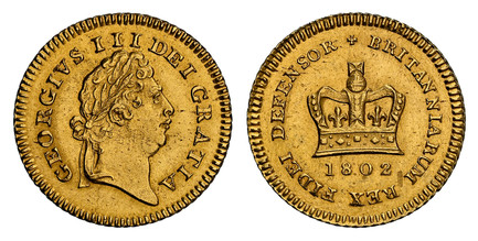 1086311 GREAT BRITAIN. George III. 1802 AV Third-Guinea. NGC MS63.  GEORGIVS III DEI GRATIA. Laureate head right / BRITANNIARUM REX FIDEI DEFENSOR *. Crown above date. KM 648;  SCBC-3739.

Please use this link to verify the NGC certification numbe...