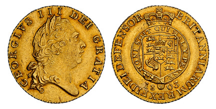 1086310 GREAT BRITAIN. George III. 1803 AV Half-Guinea. NGC MS62+.  GEORGIVS III DEI GRATIA. Sixth laureate head right / BRITANNIARUM REX FIDEI DEFENSOR. Crowned arms within circular legend. KM 649; SCBC-3736.

Please use this link to verify the N...