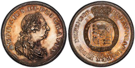 1086328 GREAT BRITAIN. George III. (King, 1760-1820). 1804 AR Pattern Bank 'Garter' Dollar (Five Shillings). PCGS PR61.  By Küchler (Eng.) for Matthew Boulton . Soho Mint, Birmingham. GEORGIUS III • DEI GRATIA •. Laureate bust, right; .: C.H.K. on...