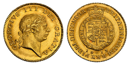 1086569 GREAT BRITAIN. George III. 1813 AV Half-Guinea. NGC MS65.  Edge: Reeded. GEORGIVS III DEI GRATIA. Laureate head right / Crowned arms within circular legend. KM 651; SCBC-3737; EGC-859.

Please use this link to verify the NGC certification ...