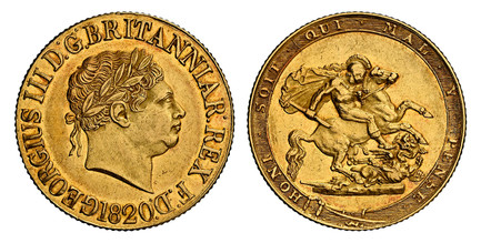1086150 GREAT BRITAIN. George III. (King, 1760-1820). 1820 AV Sovereign. NGC MS61.  7.98gm. GEORGIUS III D.F. BRITANNIAR. REX F.D. Laureate head right / St. George slaying the dragon right. KM 674; SCBC-3785; Friedberg 371 .

Please use this link ...