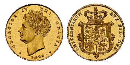 1086572 GREAT BRITAIN. George IV. (King, 1820-1830). 1826 AV Half-Sovereign. NGC PR63 Cameo.  GEORGIUS IV DEI GRATIA. Head left / BRITANNIARUM REX FID: DEF:. Crowned arms within cartouche. KM 700. Proof; SCBC-3804; Fr.-380a.

Please use this link ...