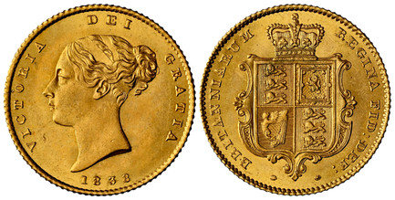 1086059 GREAT BRITAIN. Victoria. (Queen, 1837-1901). 1838 AV Half-Sovereign. NGC MS63.  Edge: Milled. VICTORIA DEI GRATIA. Head left / BRITANNIARUM REGINA FID: DEF:. Crowned mantled shield of arms. KM 735.1; SCBC-3859; EGC-1231; Marsh 414; MCE 561...