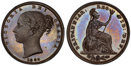 1086239 GREAT BRITAIN. Victoria. (Queen, 1837-1901). 1839 Bronzed Copper Farthing. PCGS PR65.  VICTORIA DEI GRATIA. Head left / BRITANNIAR: REG: FID: DEF:. Britannia seated right. KM 725a. Proof, rare; SCBC-3950.

Please use this link to verify th...