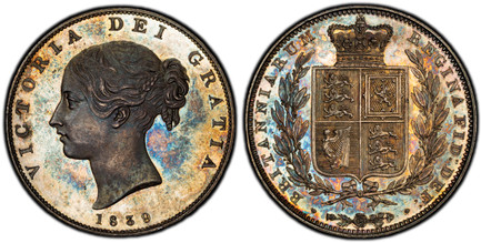 1086240 GREAT BRITAIN. Victoria. (Queen, 1837-1901). 1839 AR Halfcrown. PCGS PR64.  VICTORIA DEI GRATIA. Head left / BRITANNIARUM REGINA FID: DEF:. Crowned arms within branches. KM 740. Proof. Plain edge; SCBC-3885.

Please use this link to verify...